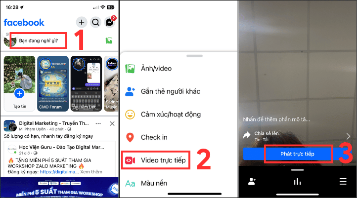 Cách ghim bình luận trên Facebook bắt đầu bằng cách nhấn vào ô Bạn đang nghĩ gì?. Tiếp theo, nhấn Video trực tiếp và chọn Phát trực tiếp.
