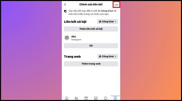 Hoàn tất cách hiện Instagram trên Facebook bằng cách nhấn Lưu ở góc trên cùng bên phải.