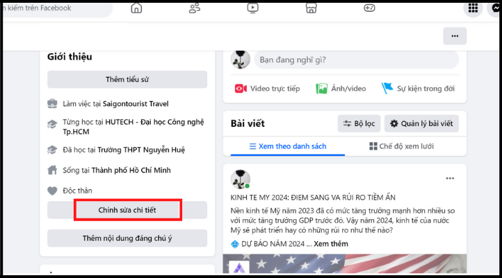 Cách hiện Instagram trên Facebook PC là chọn ô Chỉnh sửa chi tiết bên dưới ảnh đại diện trang cá nhân