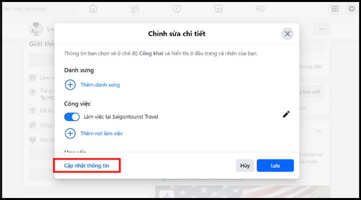 Tiếp đến, bạn chọn chữ Cập nhật thông tin màu xanh ở bảng hiện ra