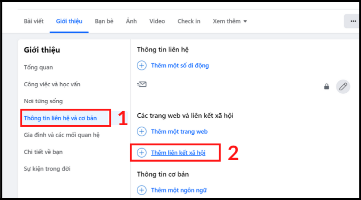 Cách hiện Instagram trên Facebook là vào tiếp mục Thông tin liên hệ và cơ bản ở khung bên trái. Sau đó tìm chọn Thêm liên kết xã hội ở bảng bên phải.