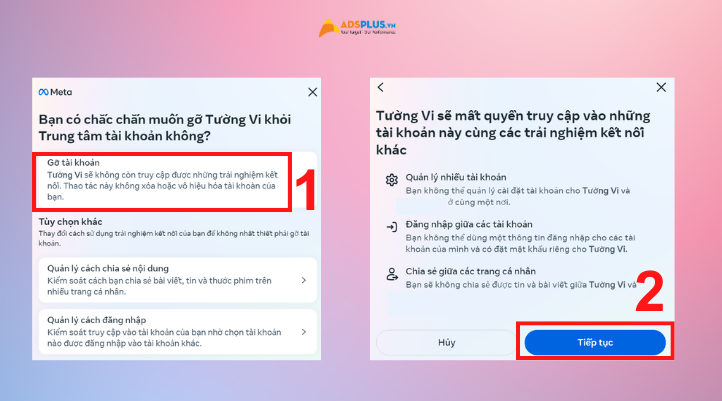 Chọn vào Gỡ tài khoản và nhấn Tiếp tục