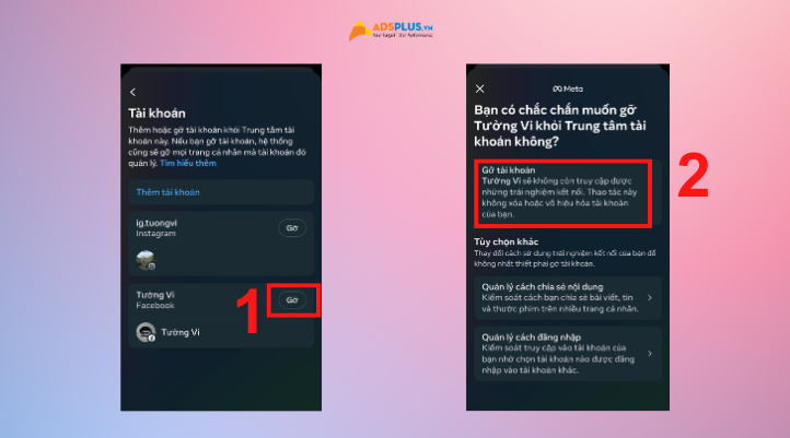 Nhấn Gỡ tài khoản Facebook của bạn và chọn Gỡ tài khoản.