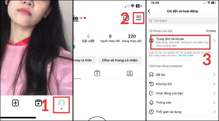 Ở bước đầu cách xóa tài khoản Instagram, hãy nhấn vào Avatar của bạn ở góc phải bên dưới màn hình. Chọn biểu tượng 3 dấu gạch ngang và nhấn vào Trung tâm tài khoản.