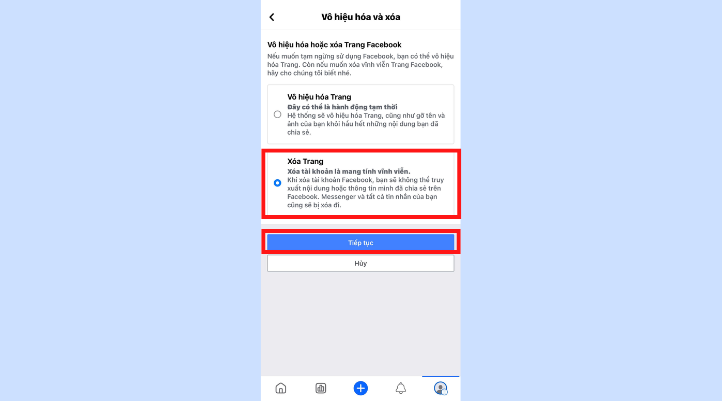 Cuối cùng, bạn ấn chọn Xóa trang và nhấn nút Tiếp tục màu anh là hoàn thành cách xóa page Facebook trên điện thoại