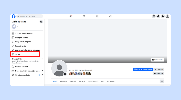 Bạn vào trình duyệt page trên máy tính và chọn mục Cài đặt ở thanh menu bên trái để bắt đầu cách xóa page Facebook