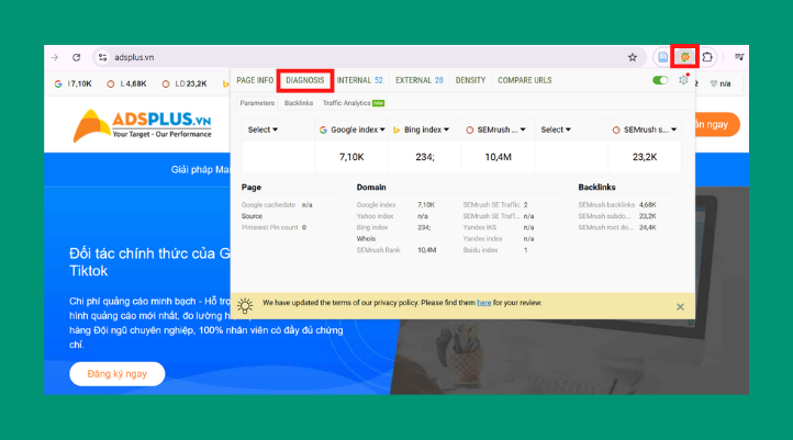 Vào trang web rồi ấn vào biểu tượng SEOquake ở góc phải. Sau đó nhấn tiếp mục Diagnosis.