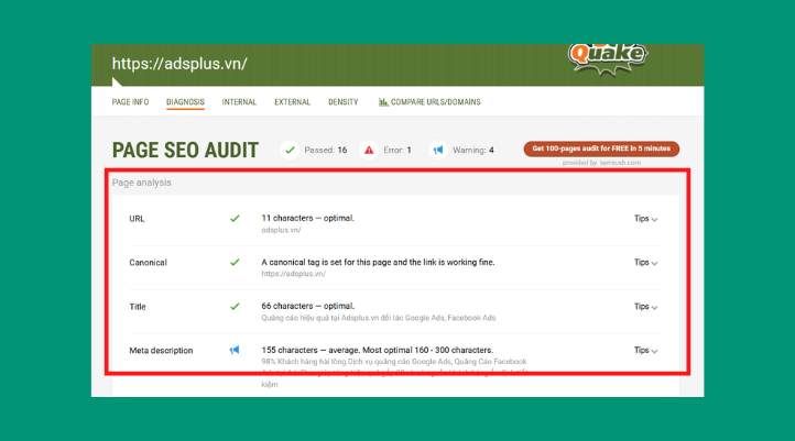 Các tiêu chí cần tối ưu SEO cho trang web sẽ hiện thị nhưu bảng trên.