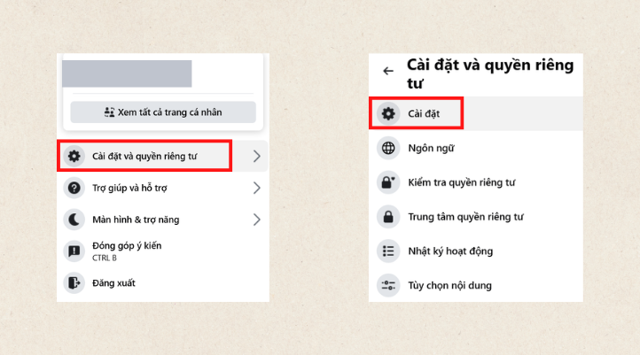 Để thực hiện hiển thị người theo dõi trên Facebook trên máy tính bạn chọn Cài đặt và quyền riêng tư. Sau đó nhấn chọn Cài đặt