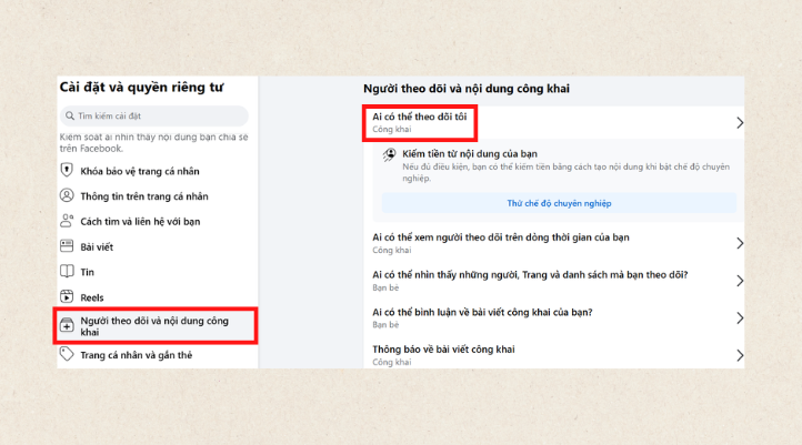 Tại mục Người theo dõi nội dung công khai chọn Ai có thể theo dõi tôi và nhấn chọn Công khai.
