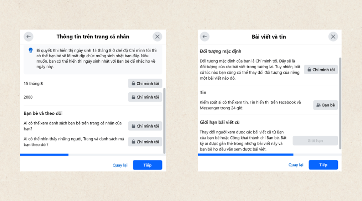 Bước 3: Chọn tất cả thông tin trên trang cá nhân, bài viết và tin về mục Chỉ mình tôi, sau đó nhấn tiếp