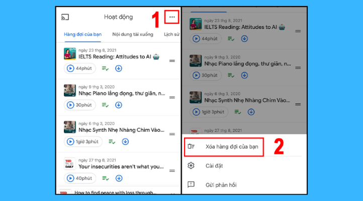 Thao tác chọn, xóa toàn bộ podcast khỏi hàng đợi