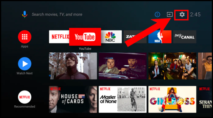 Chọn biểu tượng Cài đặt hình bánh răng trong ứng dụng YouTube trên TV