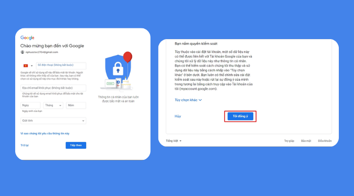 Biểu mẫu Gmail yêu cầu nhập email khôi phục, ngày sinh, giới tính và nhấn nút Tôi đồng ý để hoàn tất đăng ký.