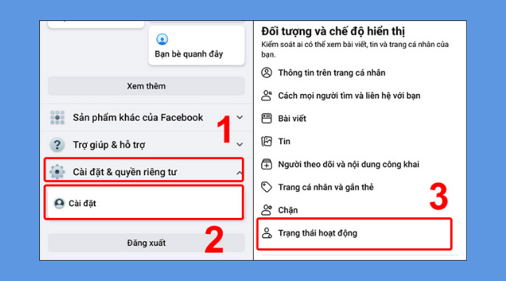 Nhấn Cài đặt & Quyền riêng tư, sau đó chọn Cài đặt. Bạn cuộn xuống phần Quyền riêng tư và nhấn Trạng thái hoạt động.
