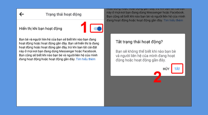 Bạn gạt công tắc sang trái để tắt trạng thái online. Khi có thông báo xác nhận, nhấn Tắt.