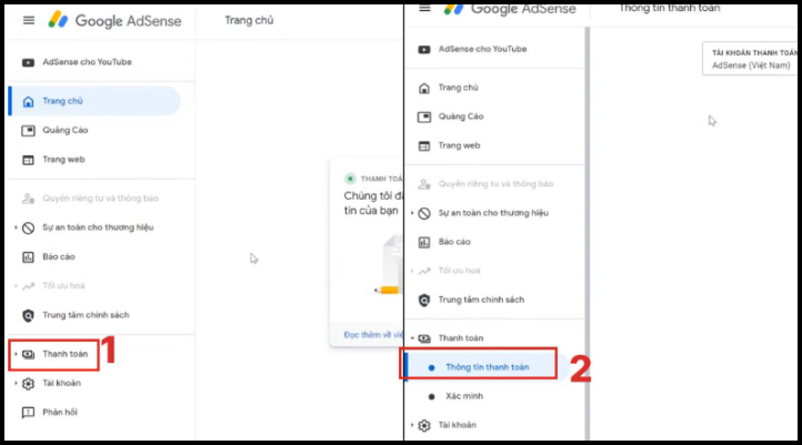 Đăng nhập Google AdSense và mở mục Thanh Toán để quản lý thông tin nhận tiền YouTube