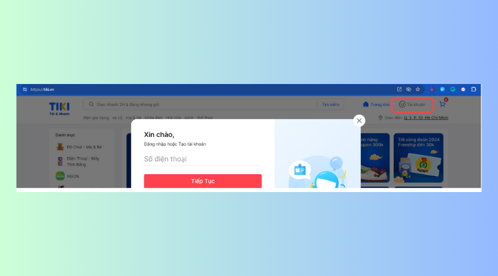Truy cập website Tiki.vn và đăng nhập bằng tài khoản Tiki Affiliate đã đăng ký.