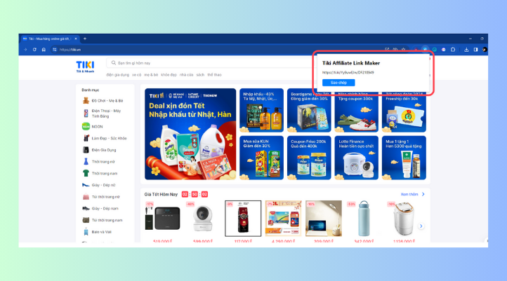 Vào trang chương trình, Shop-In-Shop hoặc sản phẩm muốn chia sẻ. Bấm vào biểu tượng Tiki Link Maker ở góc trình duyệt. Sau đó chọn “Sao chép” để lấy link affiliate đã tạo sẵn.