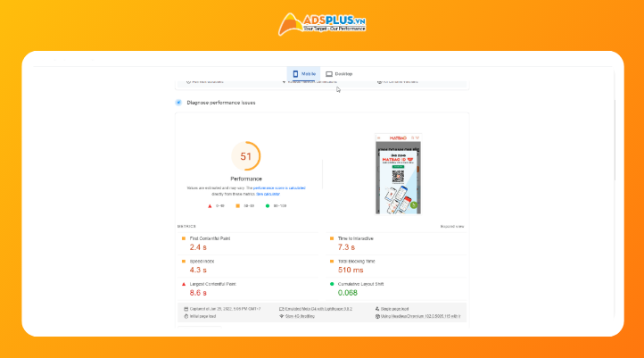 Kết quả phân tích PageSpeed hiển thị điểm số trên hai tab Mobile và Desktop, kèm các chỉ số hiệu suất như LCP, FID và CLS giúp xác định vấn đề cần tối ưu.