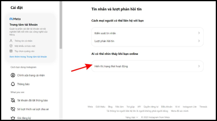 Nhấn chọn mục “Hiển thị trạng thái hoạt động” để thay đổi quyền riêng tư trên Instagram.