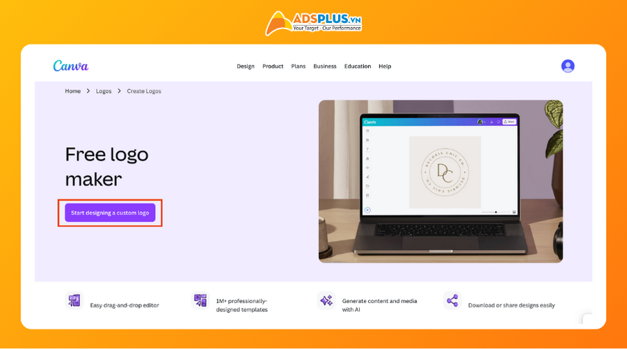 Thiết kế logo bằng AI - Bước 1: Bạn vào trang https://www.canva.com/create/logos/  và bấm nút Start designing a Custom logo.