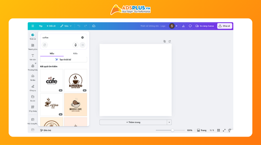 Bước 2: Bạn mở thẻ Design và tìm kiếm mẫu theo ngành nghề. Hãy chọn một mẫu logo có sẵn mà bạn thấy ưng ý. Bạn sử dụng các công cụ của Canva để sửa logo. Hãy thay đổi phông chữ và màu sắc cho thật ấn tượng