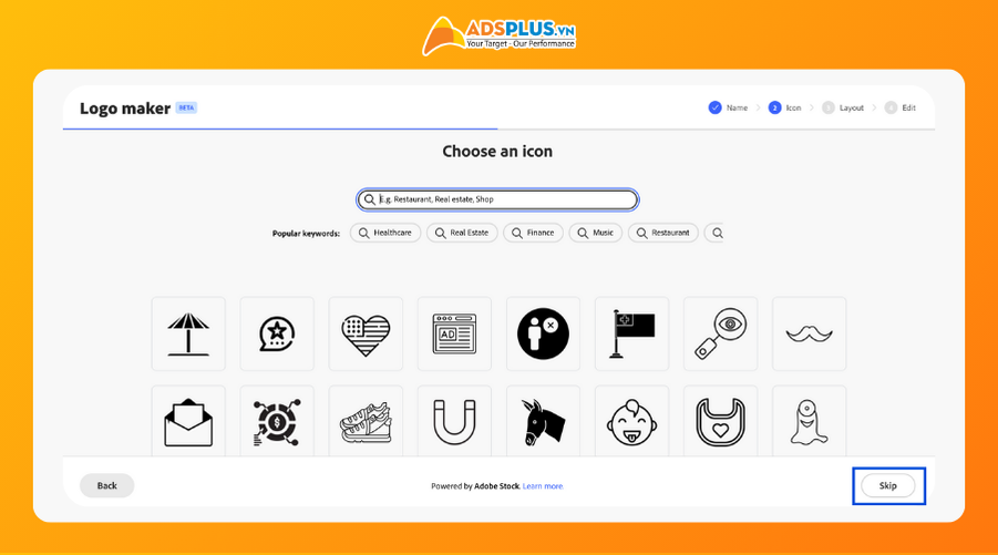 Thiết kế logo bằng AI - Bước 3: Bạn chọn một biểu tượng icon bất kỳ để tạo điểm nhấn cho logo. 