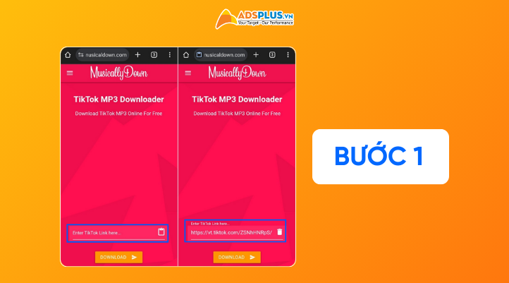 Bước 1 Cách lấy nhạc Tik Tok làm nhạc chuông bằng Musicaldown trên Android: Bạn truy cập Musicaldown qua trình duyệt và truy cập vào địa chỉ website của Musicaldown.