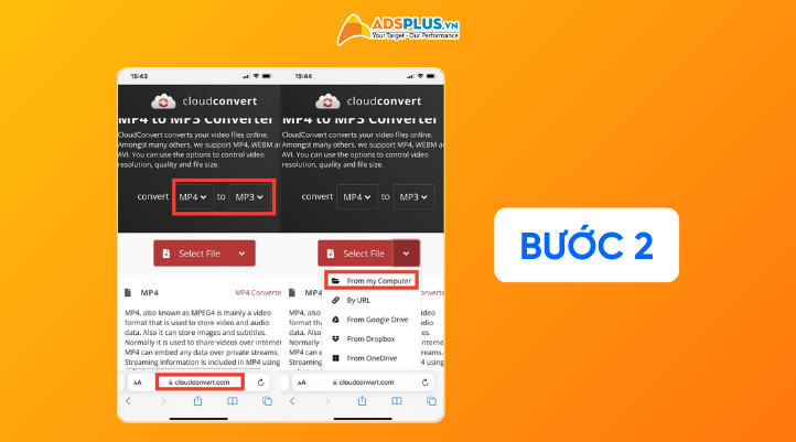 Bước 2: Bạn truy cập trang web Cloudconvert, chọn chuyển từ file MP4 sang MP3. Tiếp theo, bạn nhấn nút Select File, chọn video TikTok vừa tải về từ thư viện điện thoại.